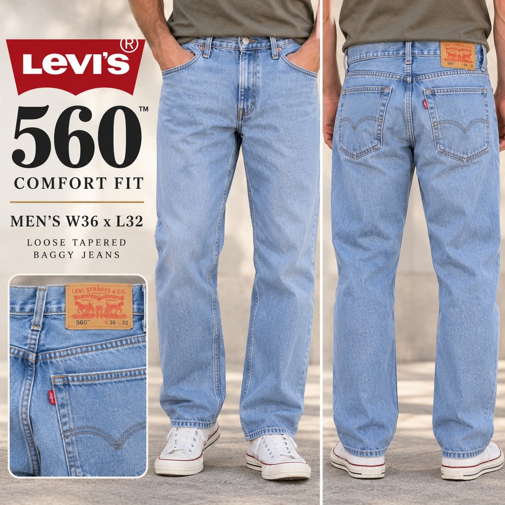 Levi's 560 Comfort Fit Men W36 L32 Light Wash Loose Tapered Baggy Jeans Zip Fly